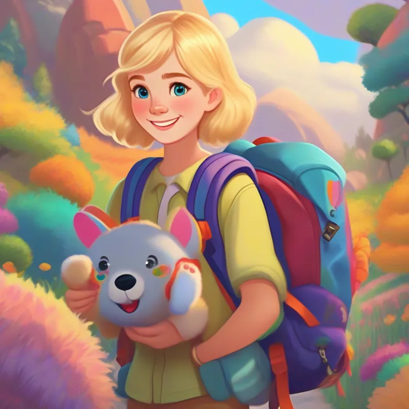 Amelia with blonde hair, colorful backpack, and friendly smile with colorful backpack, compass, journal, stuffed animal