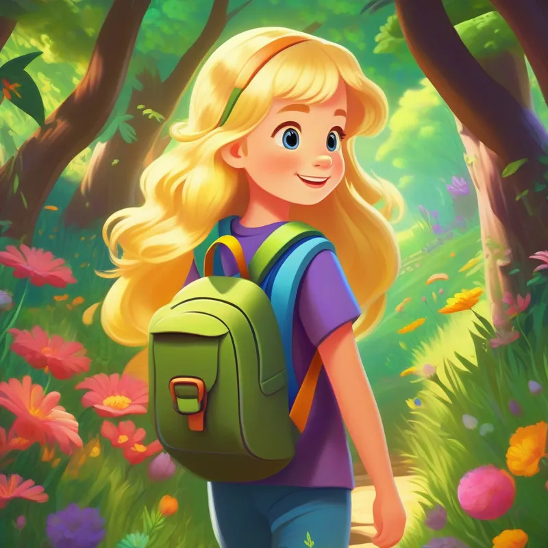 Amelia with blonde hair, colorful backpack, and friendly smile exploring, hidden nooks, secret meadows, fascinating creatures