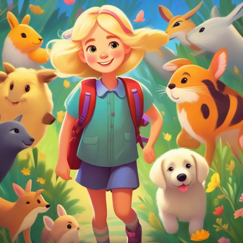 Amelia with blonde hair, colorful backpack, and friendly smile surrounded by animals, kind and compassionate heart