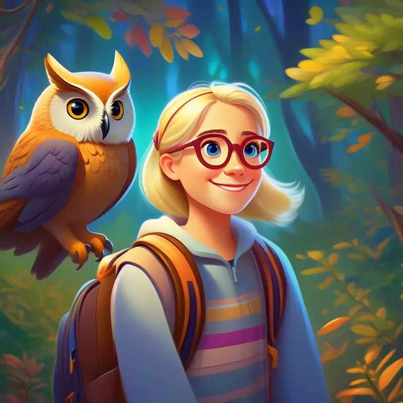 Amelia with blonde hair, colorful backpack, and friendly smile listening to Oliver the Wise Owl with glasses and a knowledgeable look, the Wise Owl, storytelling