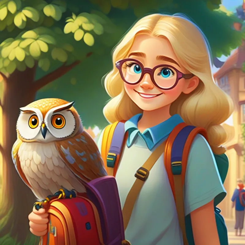 Amelia with blonde hair, colorful backpack, and friendly smile applying lessons learned from Oliver the Wise Owl with glasses and a knowledgeable look