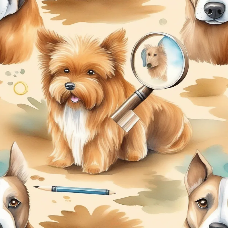 A clever detective dog with a magnifying glass, brown fur the dog with a magnifying glass searching for clues.
