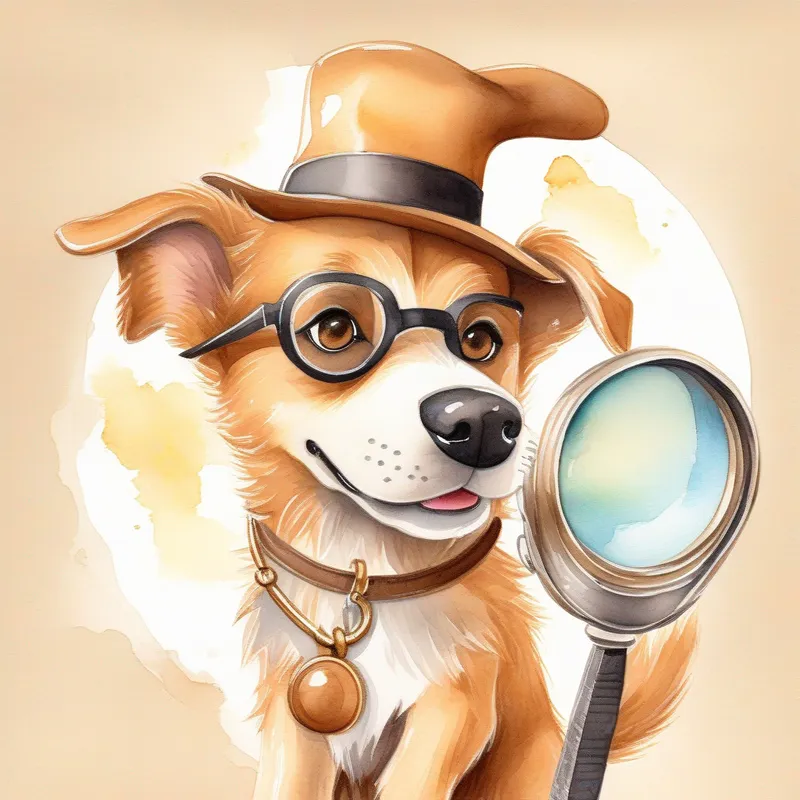 A clever detective dog with a magnifying glass, brown fur with a wagging tail, holding the shiny necklace.