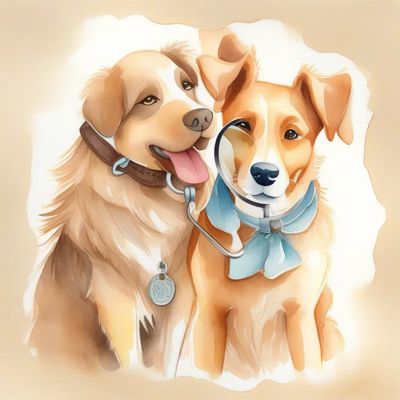 Lily smiling and hugging A clever detective dog with a magnifying glass, brown fur, necklace back around her neck.