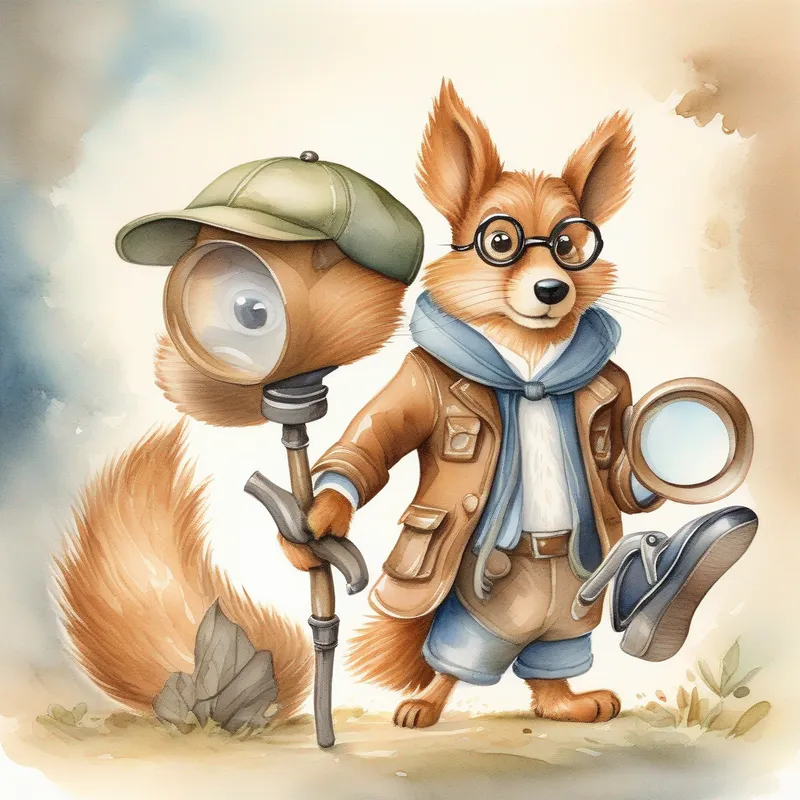 A clever detective dog with a magnifying glass, brown fur chasing the squirrel, glasses clutched in his paws.