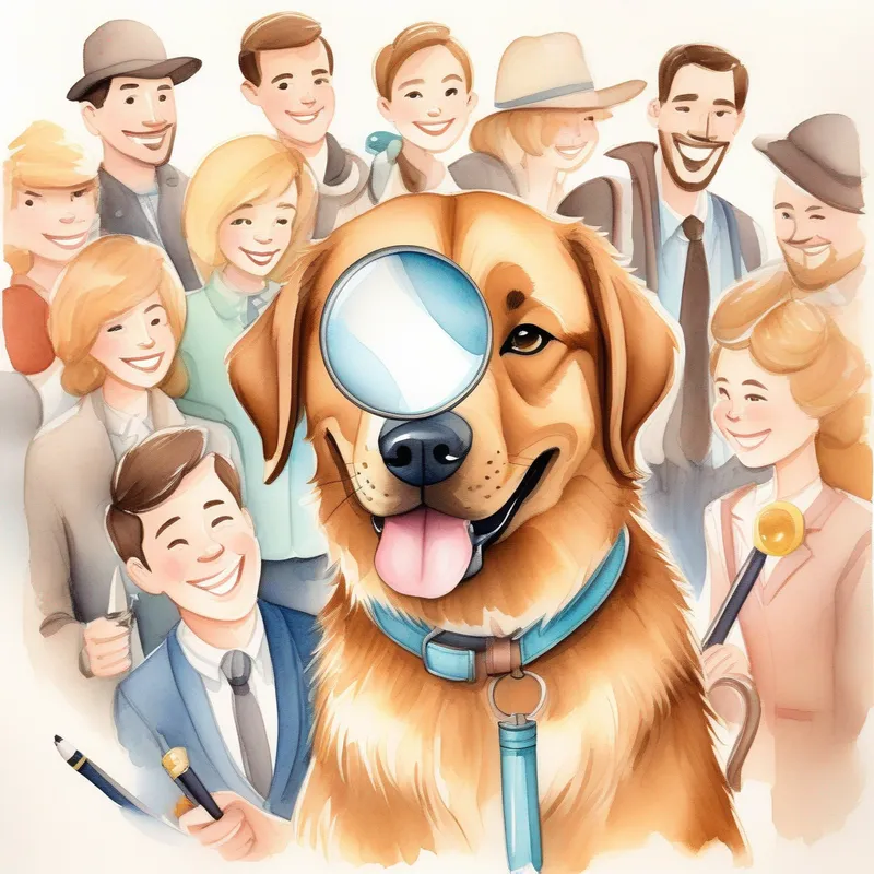 A clever detective dog with a magnifying glass, brown fur surrounded by a group of smiling people, holding a magnifying glass.