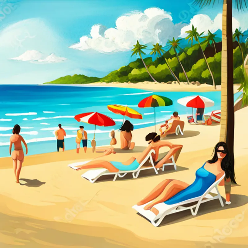 Sunbathers and swimmers at the beach