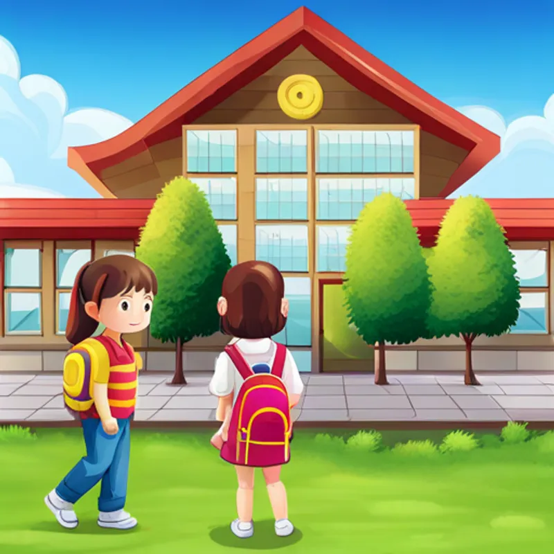 girlren with backpacks and a school building