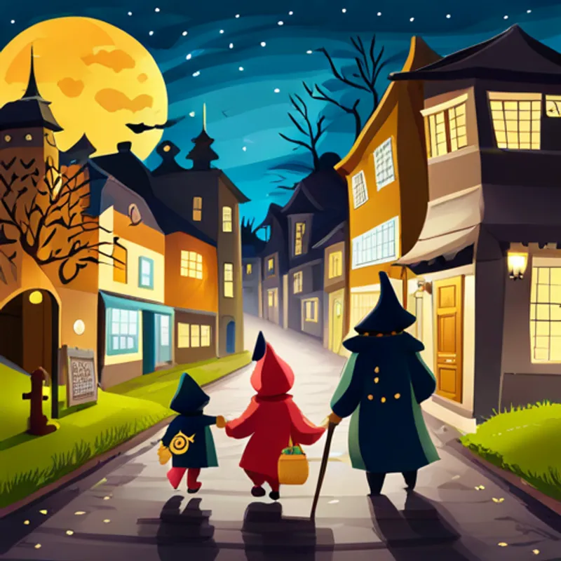 Costumed people trick-or-treating at night