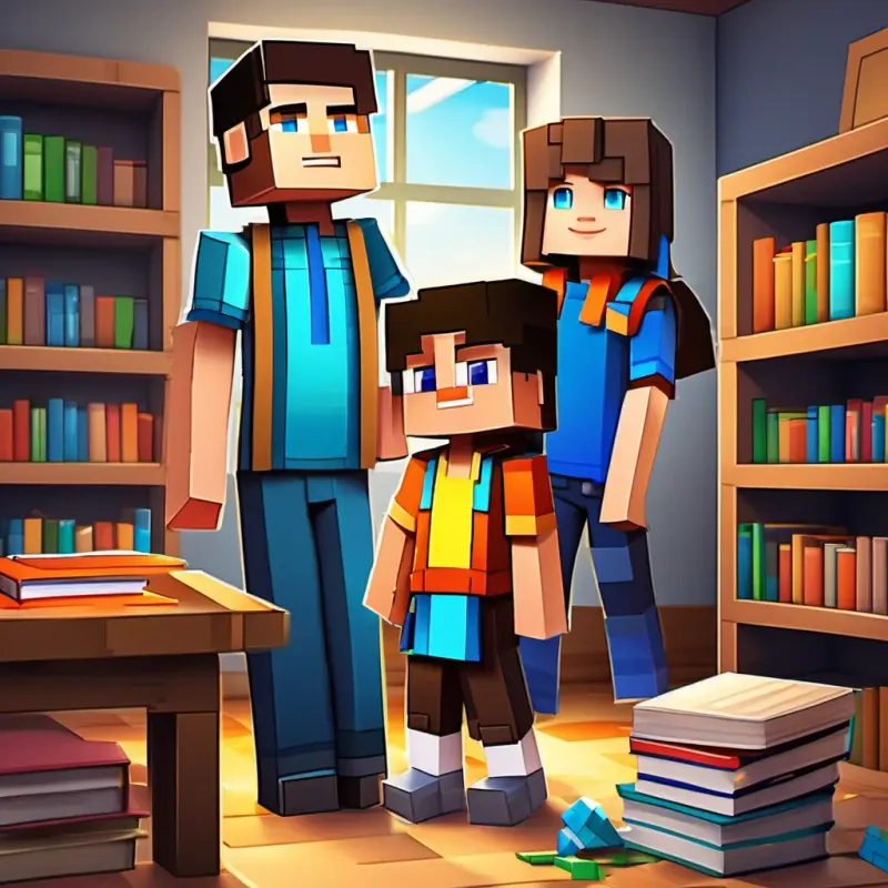 Boy with dark hair and bright blue eyes, curious and enthusiastic enters the classroom filled with colorful books and materials, greeted by his smiling teacher