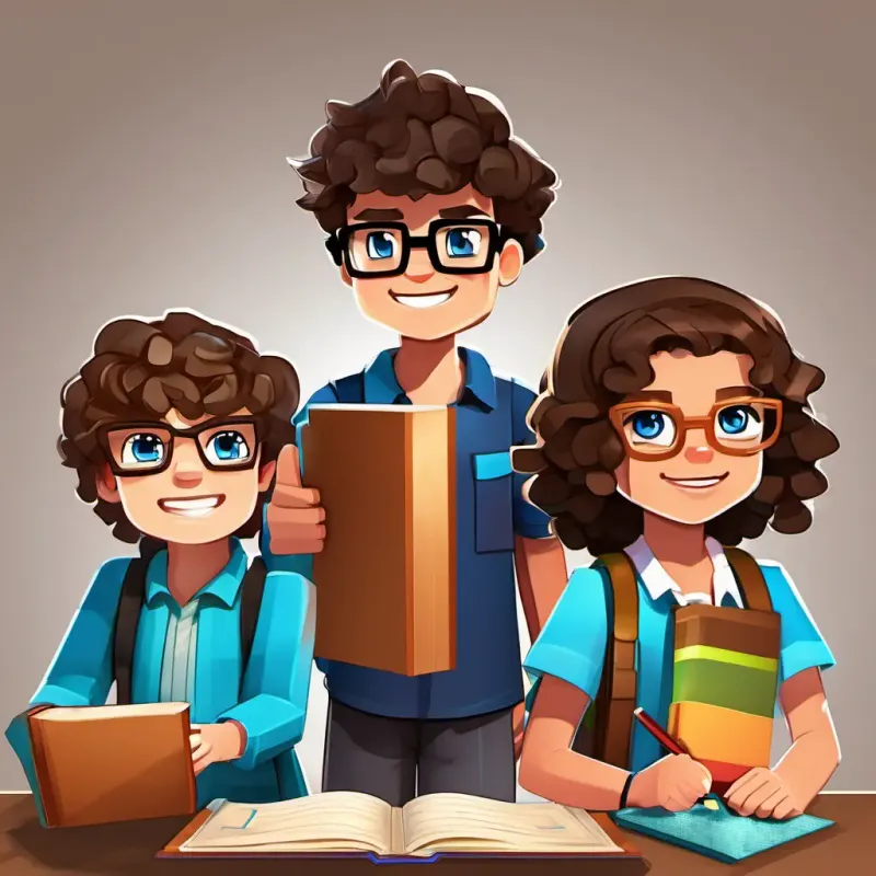 Boy with dark hair and bright blue eyes, curious and enthusiastic meets Girl with curly brown hair, friendly and creative with curly brown hair and Boy with glasses, smart and helpful with glasses, learning to read with Teacher with kind eyes and a welcoming smile's help