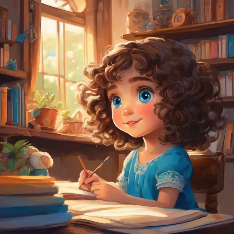 Little girl with curly brown hair and bright blue eyes, a small girl with curly brown hair and bright blue eyes, sitting in her room