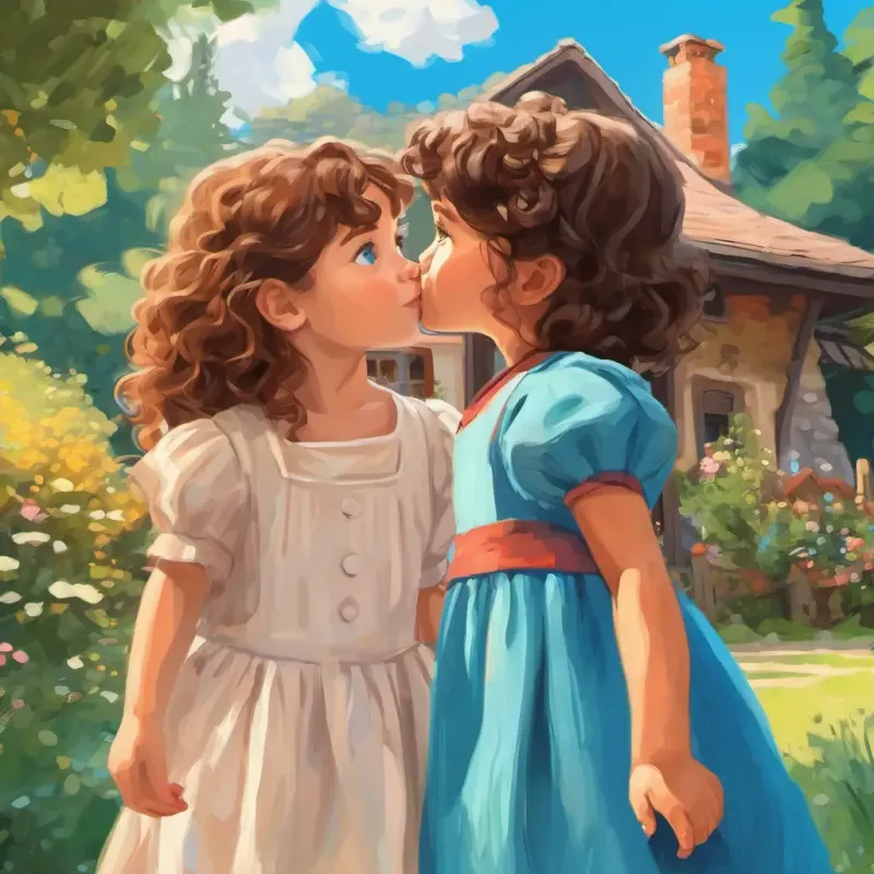 Little girl with curly brown hair and bright blue eyes's house, with her aunt Sarah standing in front of Little girl with curly brown hair and bright blue eyes, ready to give a kiss