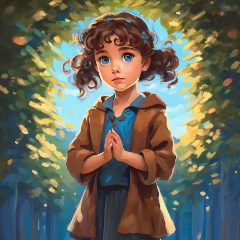 Little girl with curly brown hair and bright blue eyes, looking determined with her hands held up, saying 'No kissing, please'