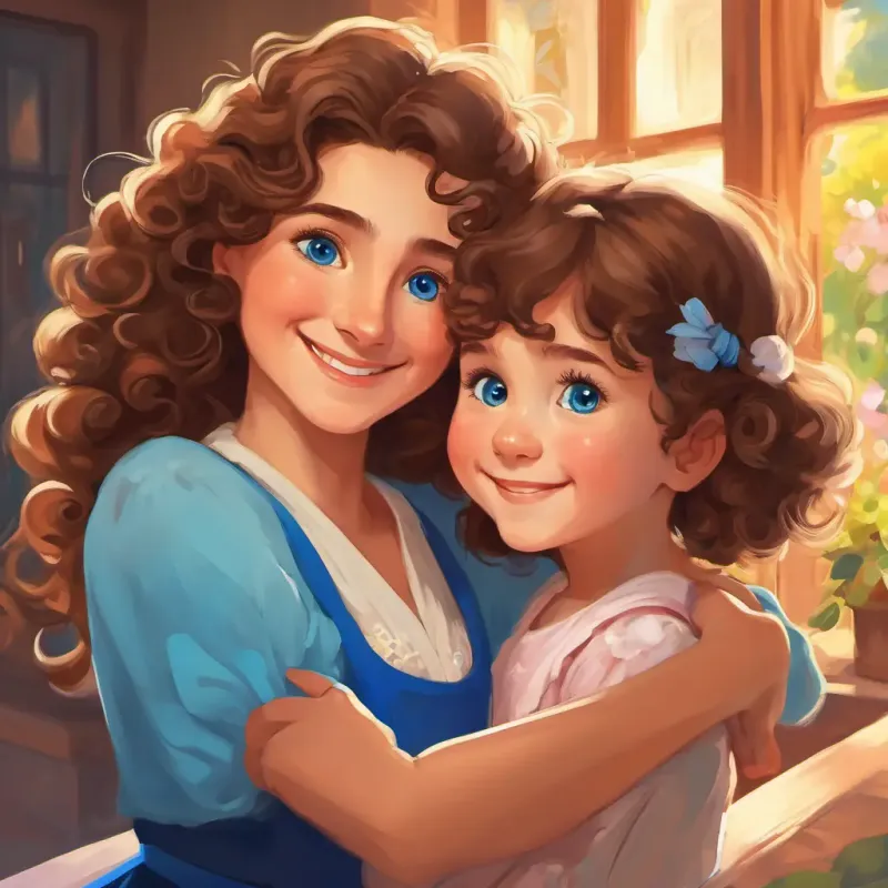 Little girl with curly brown hair and bright blue eyes's aunt Sarah smiling and hugging Little girl with curly brown hair and bright blue eyes tightly
