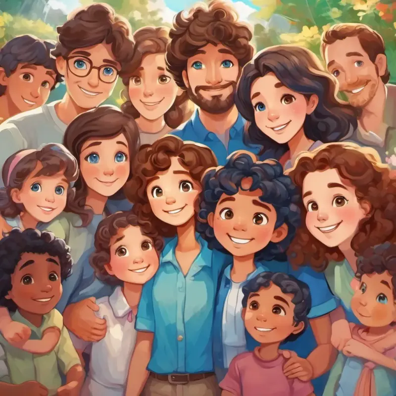 Little girl with curly brown hair and bright blue eyes surrounded by her family and friends, smiling because they understand her