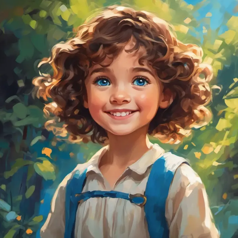 Little girl with curly brown hair and bright blue eyes standing tall and proud, with a big smile on her face