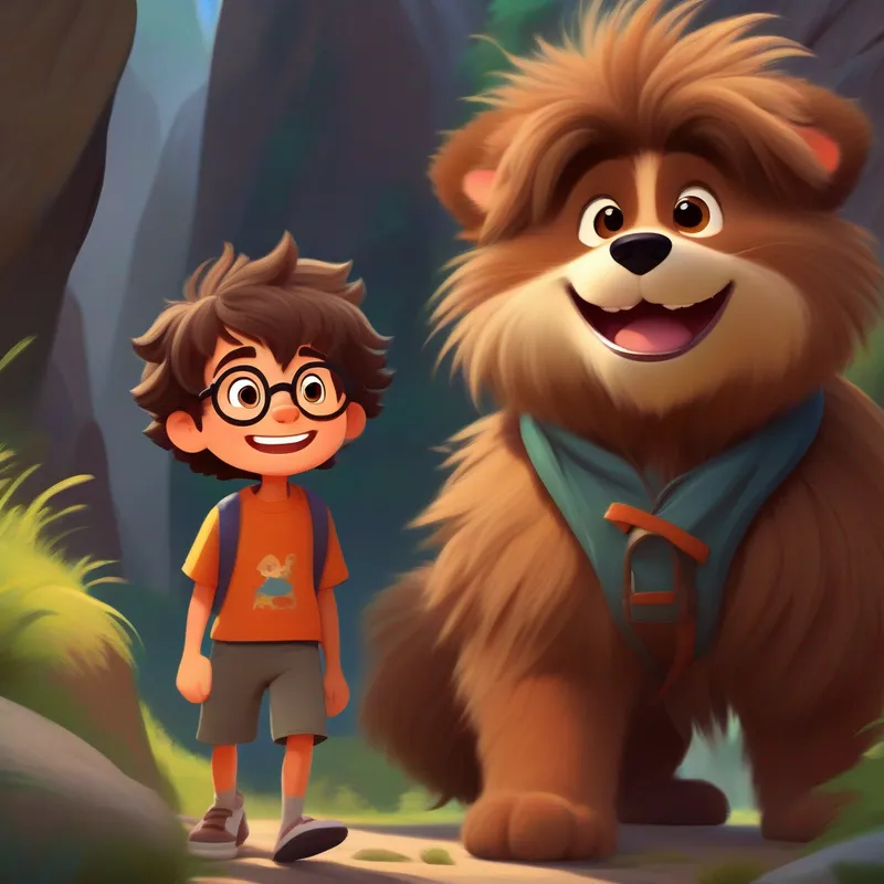 Curious boy with messy hair, glasses, and a big smile and Friendly beast with fuzzy brown fur, big round eyes, and a wagging tail pushing a big rock, determined and excited