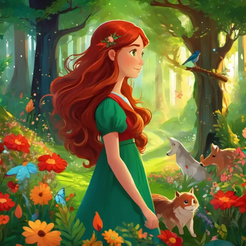 Curious and adventurous, dark hair, sparkling brown eyes and Kind-hearted and imaginative, long flowing red hair, twinkling green eyes standing in the enchanted forest, surrounded by vibrant flowers and talking animals.