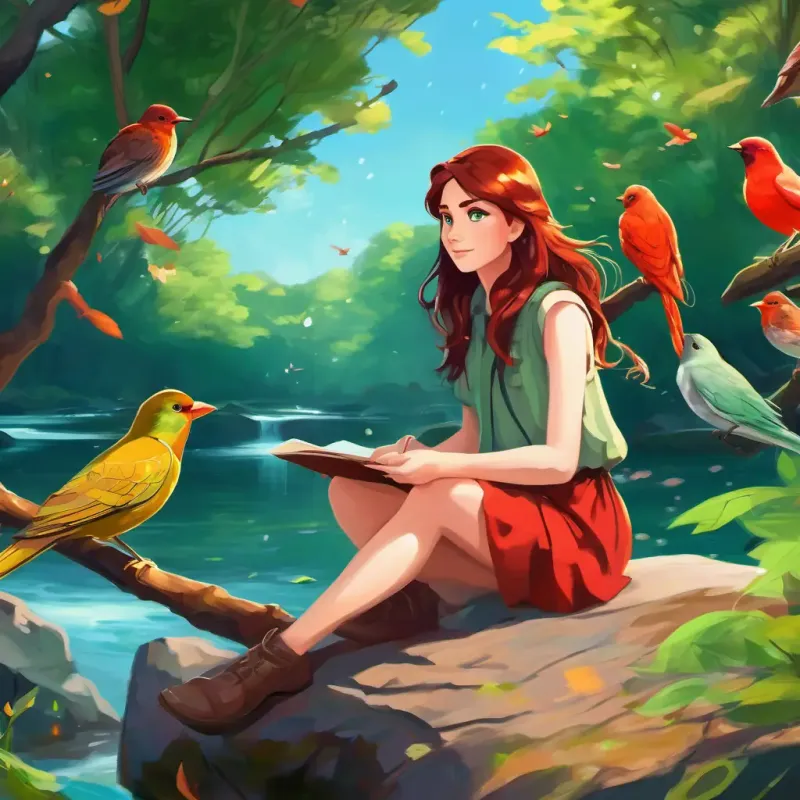 Curious and adventurous, dark hair, sparkling brown eyes and Kind-hearted and imaginative, long flowing red hair, twinkling green eyes sitting by the crystal-clear river, surrounded by towering trees and colorful birds.