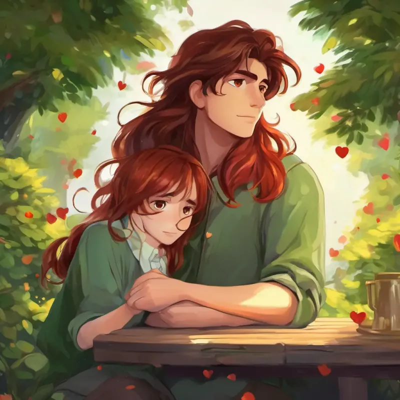 Curious and adventurous, dark hair, sparkling brown eyes gazing at Kind-hearted and imaginative, long flowing red hair, twinkling green eyes, his heart filled with warmth and affection.