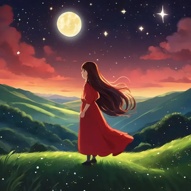 Curious and adventurous, dark hair, sparkling brown eyes and Kind-hearted and imaginative, long flowing red hair, twinkling green eyes standing atop a hill, surrounded by moonlight and a sky full of twinkling stars.