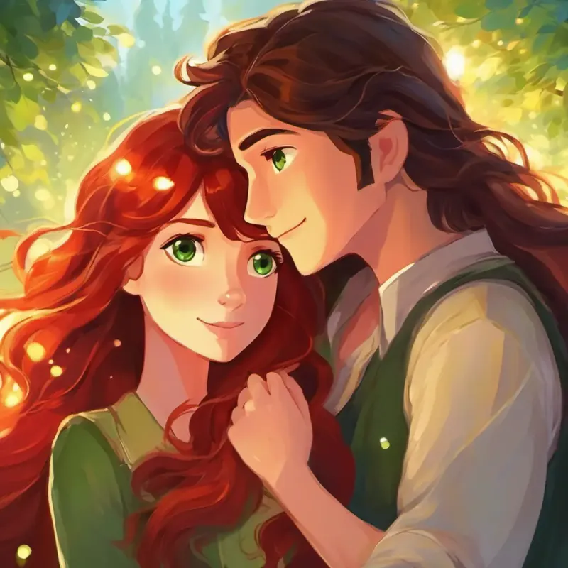 Curious and adventurous, dark hair, sparkling brown eyes and Kind-hearted and imaginative, long flowing red hair, twinkling green eyes embracing each other, their eyes glowing with love and contentment.