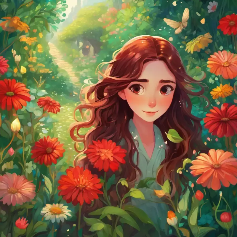 Curious and adventurous, dark hair, sparkling brown eyes and Kind-hearted and imaginative, long flowing red hair, twinkling green eyes walking through Eldoria, their hands tightly clasped, surrounded by enchanting creatures and vibrant flowers.