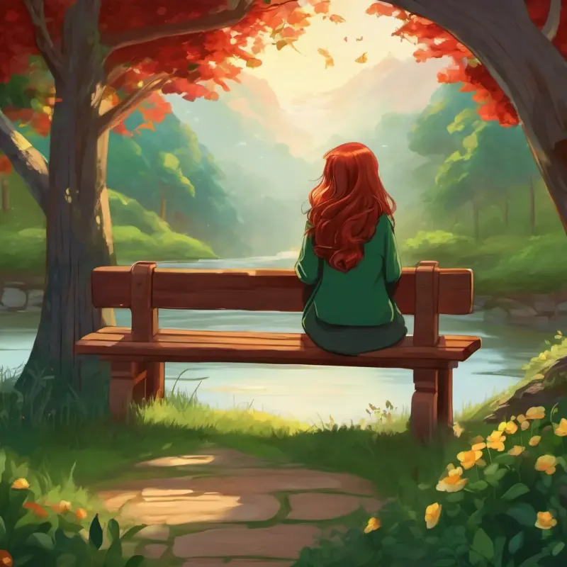 Elderly Curious and adventurous, dark hair, sparkling brown eyes and Kind-hearted and imaginative, long flowing red hair, twinkling green eyes sitting on a wooden bench in Eldoria, surrounded by a peaceful atmosphere filled with love and memories.