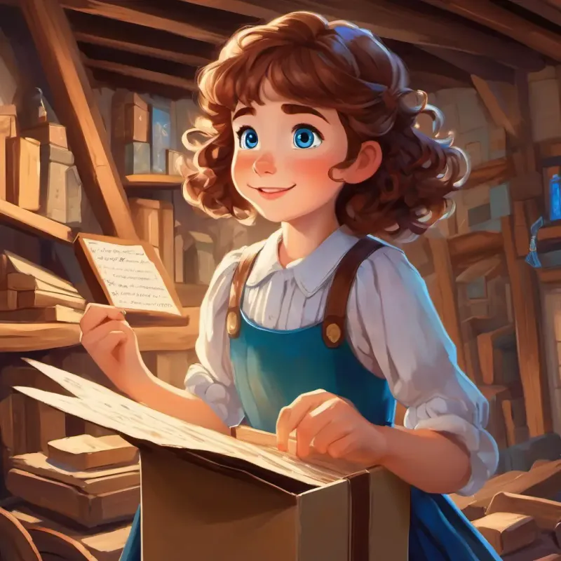 Anna with curly brown hair, sparkling blue eyes in the attic, holding a box with old letters, a sense of excitement in her eyes.