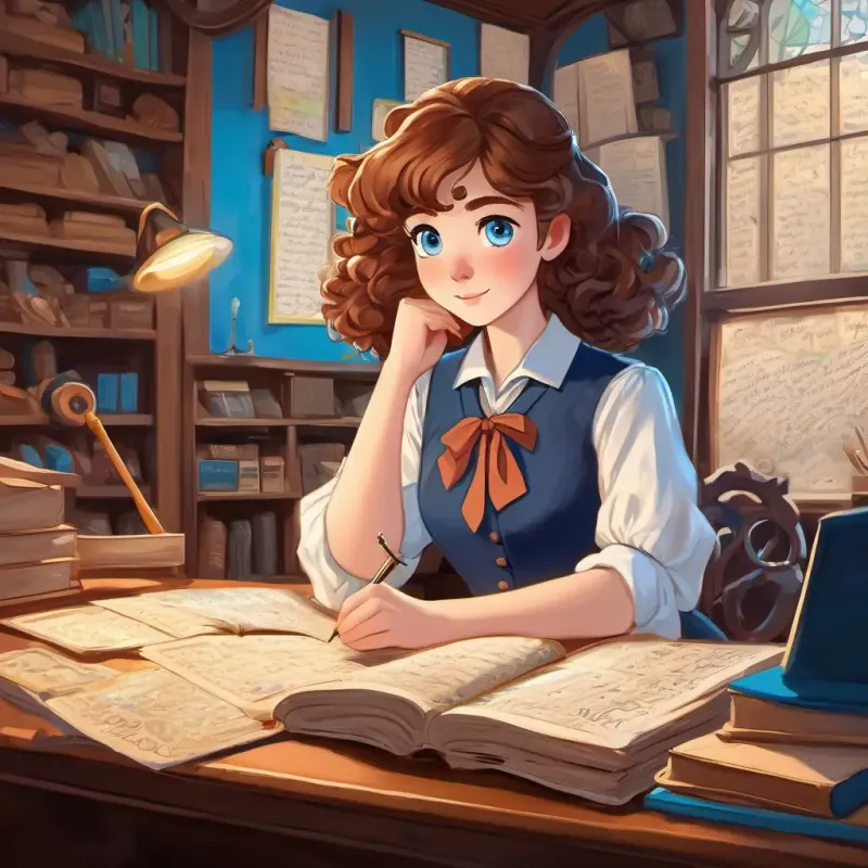 Anna with curly brown hair, sparkling blue eyes sitting at a desk, surrounded by old letters, a look of wonder on her face.