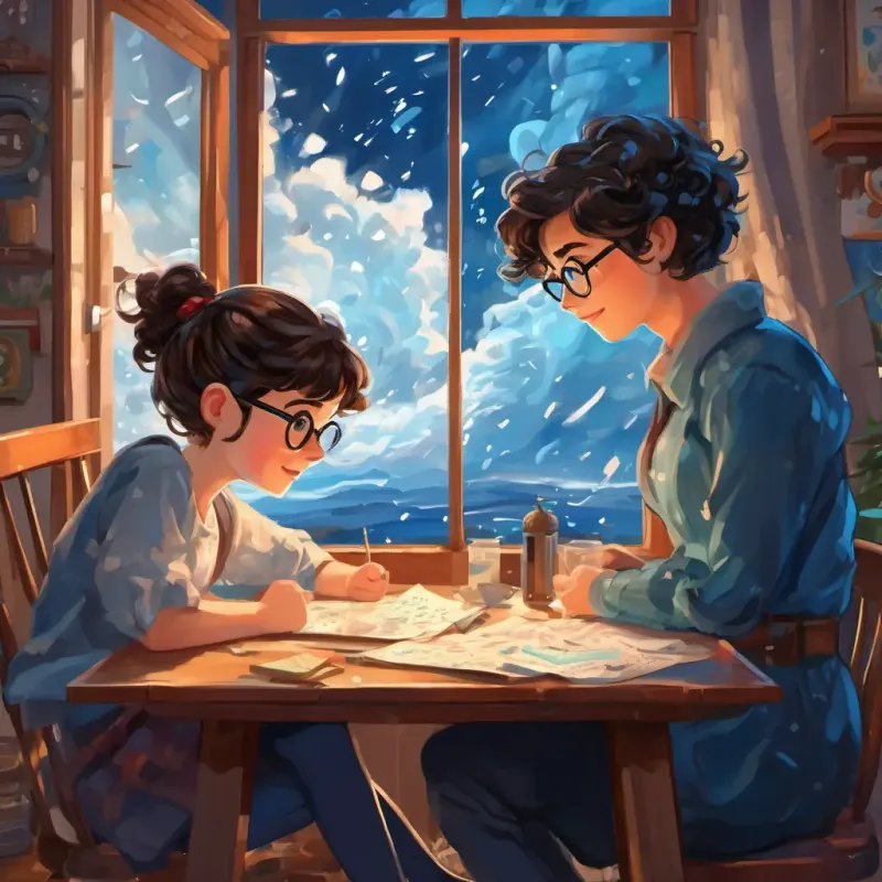 Anna with curly brown hair, sparkling blue eyes and Jakub with short black hair, glasses, a mischievous grin inside, looking out the window at the storm, letters scattered on the table.