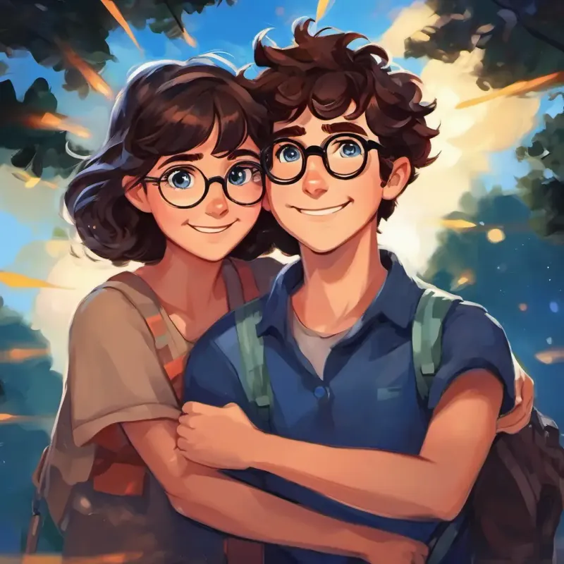 Anna with curly brown hair, sparkling blue eyes and Jakub with short black hair, glasses, a mischievous grin hugging each other, smiles on their faces, lightning flashes outside.