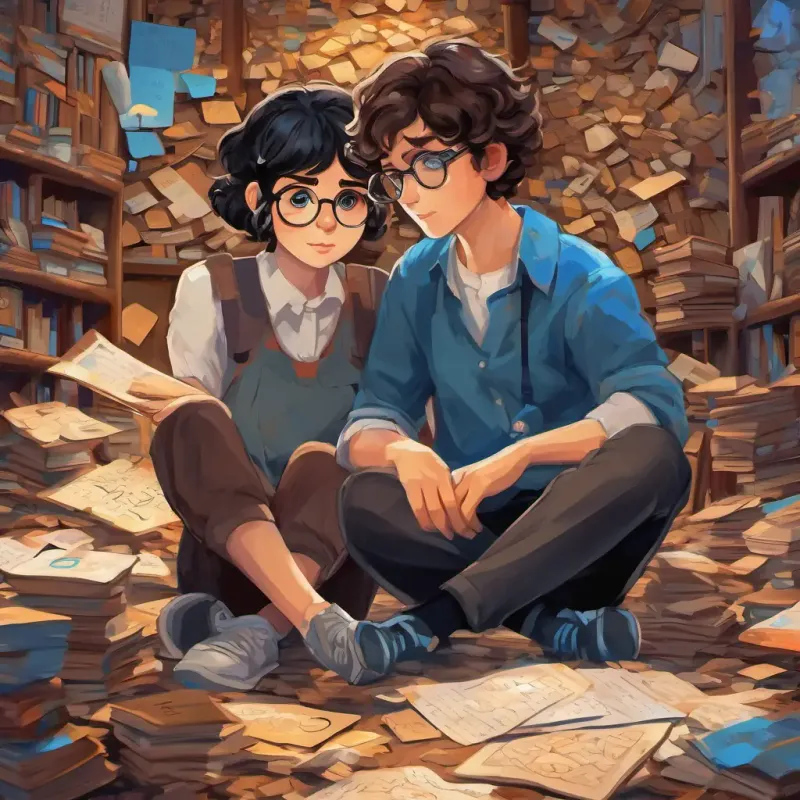 Anna with curly brown hair, sparkling blue eyes and Jakub with short black hair, glasses, a mischievous grin sitting apart, looking sad, letters scattered around them, symbolizing their conflict.
