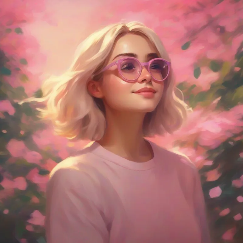 Long dark hair, pink glasses, caring smile and Short blonde hair, freckles, determined expression holding hands and looking up