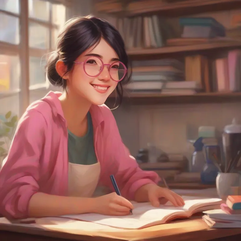 Long dark hair, pink glasses, caring smile and Short blonde hair, freckles, determined expression studying and doing chores
