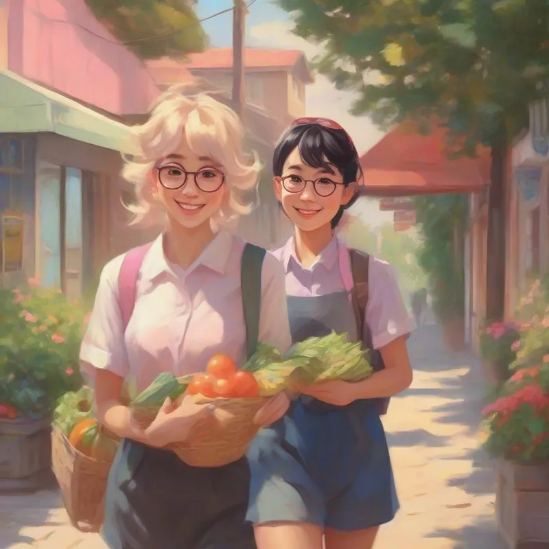 Long dark hair, pink glasses, caring smile and Short blonde hair, freckles, determined expression carrying groceries for their neighbors