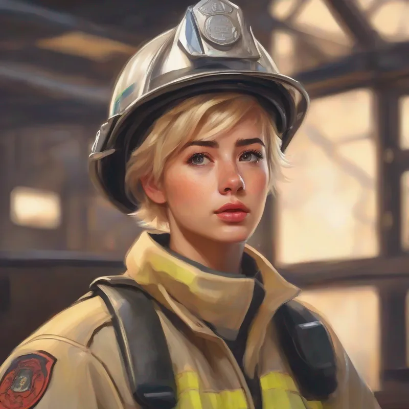 Short blonde hair, freckles, determined expression practicing with other firefighters