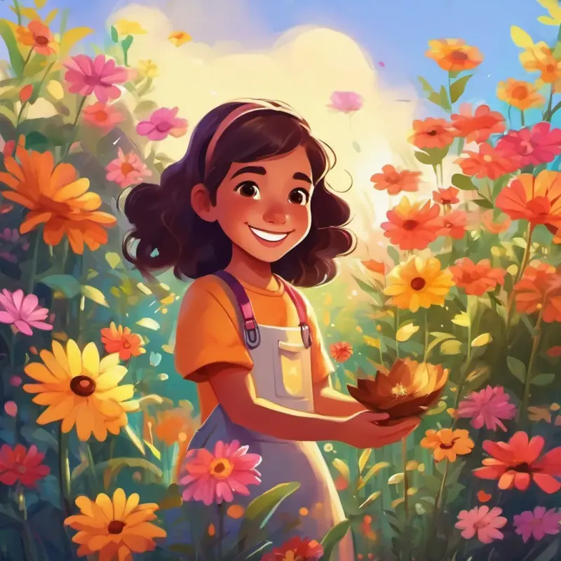 A joyful girl with twinkling brown eyes and a big smile planting a tiny seed in her backyard, surrounded by colorful flowers.