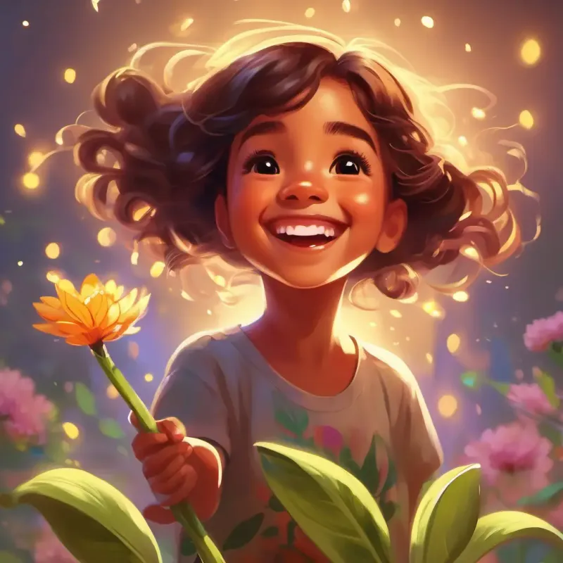 A joyful girl with twinkling brown eyes and a big smile joyfully witnessing the sprout growing into a beautiful flower, smiling and dancing.
