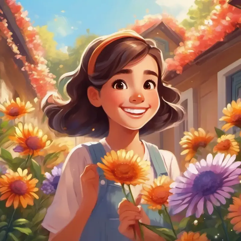 A joyful girl with twinkling brown eyes and a big smile happily showing her beautiful flower to her neighbors, feeling proud and accomplished.