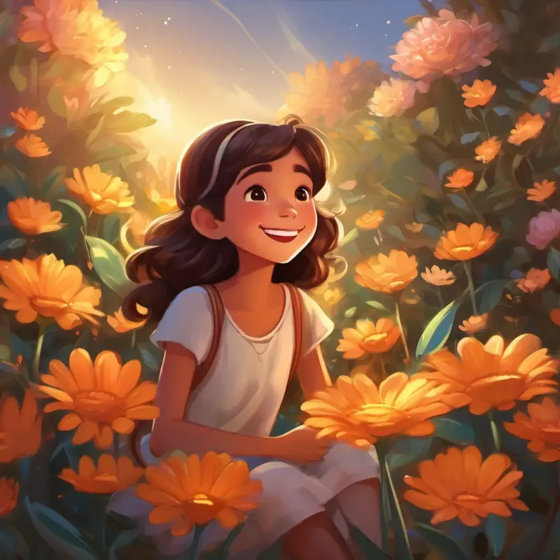 A joyful girl with twinkling brown eyes and a big smile sitting beside her magical flower, whispering to it, feeling happy and peaceful.