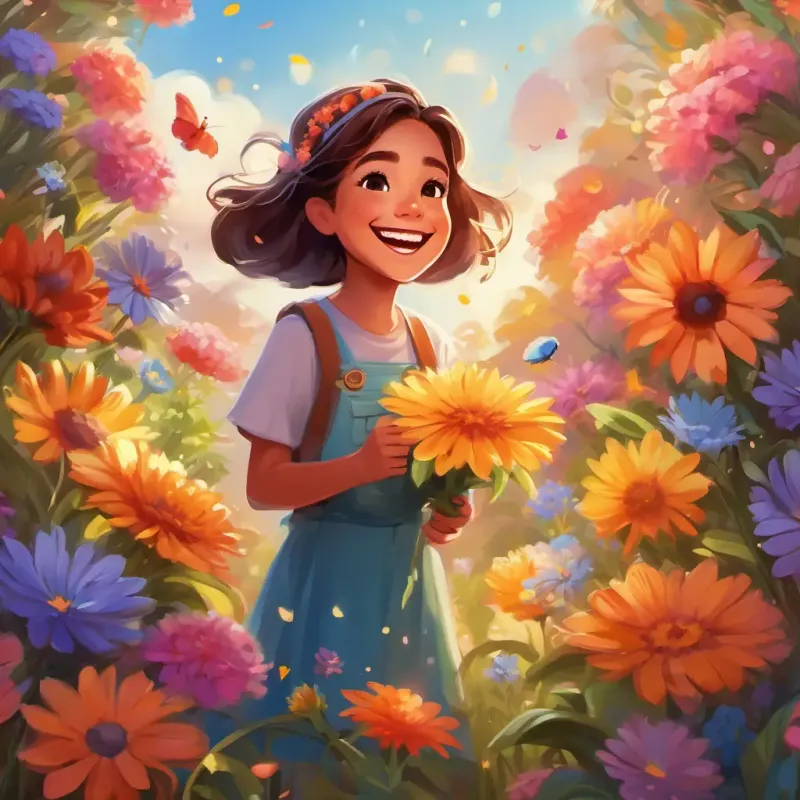 A joyful girl with twinkling brown eyes and a big smile surrounded by colorful flowers, laughing and playing, with her magical flower blooming in the background.
