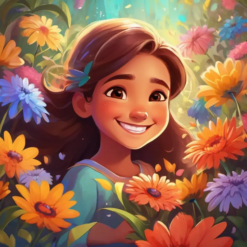 A joyful girl with twinkling brown eyes and a big smile happily hugging her magical flower, surrounded by colorful flowers, with a big smile on her face.