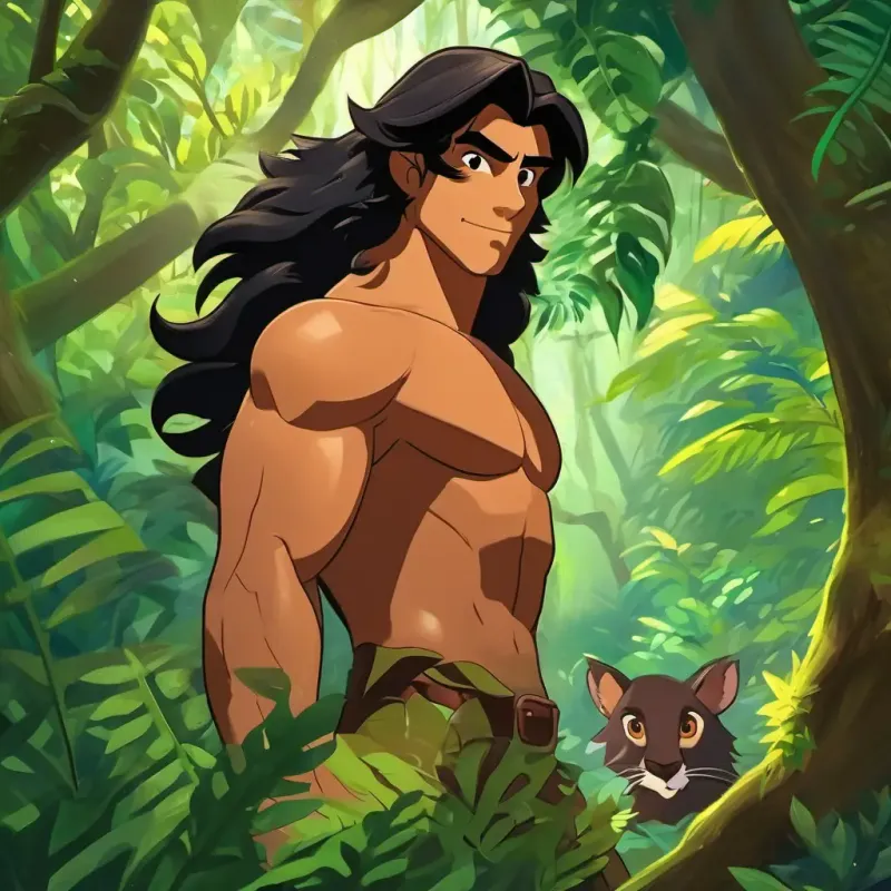 Tarzan has tanned skin, wild black hair, and sparkling brown eyes swinging through the trees, surrounded by lush green foliage and curious animals.