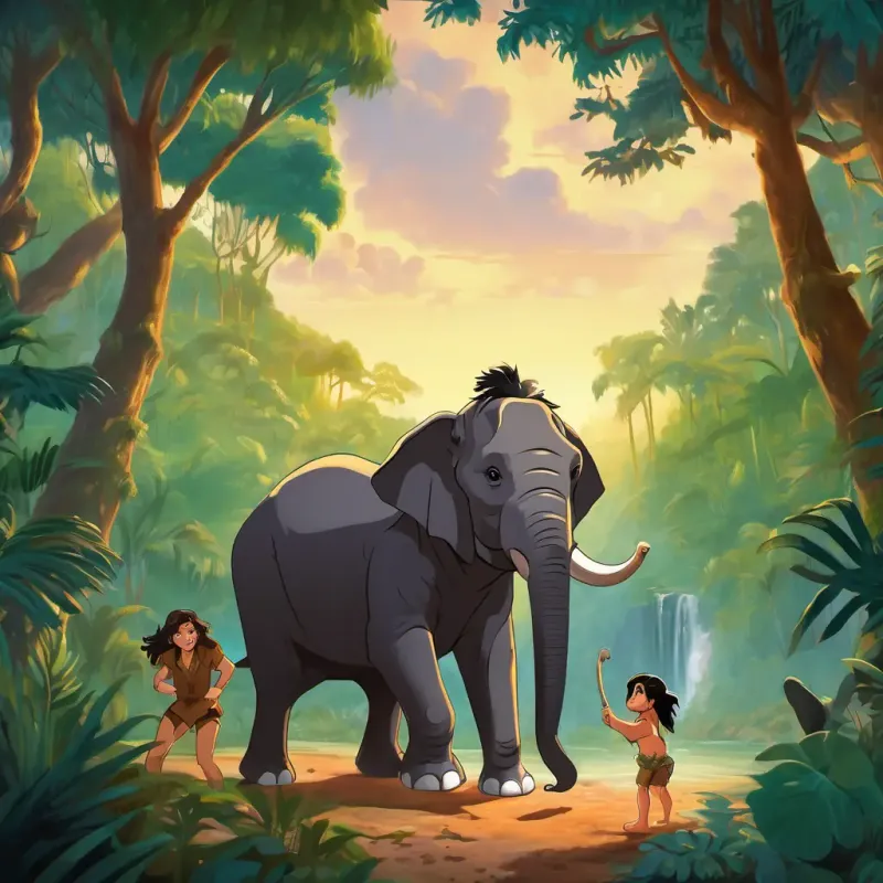 Tarzan has tanned skin, wild black hair, and sparkling brown eyes rescuing the baby elephant from the muddy pit, with other jungle animals watching in awe.