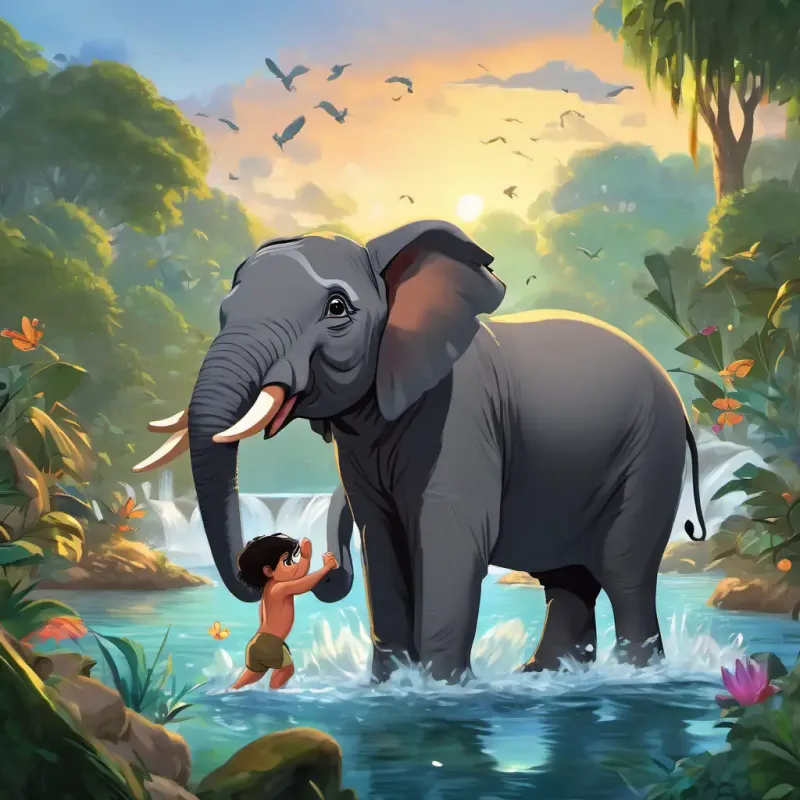 Tarzan has tanned skin, wild black hair, and sparkling brown eyes and Ellie is a baby elephant with gray wrinkled skin and big, innocent eyes playing in the river, surrounded by playful monkeys and colorful birds.