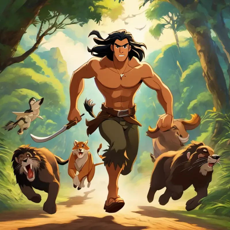 Tarzan has tanned skin, wild black hair, and sparkling brown eyes overpowering the hunters, while the animals cheer and run towards freedom.