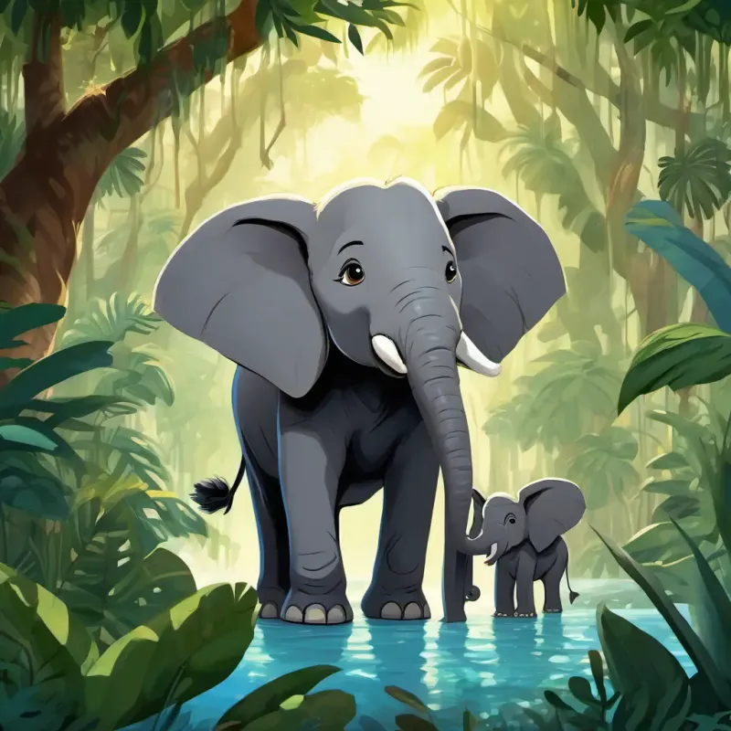 Tarzan has tanned skin, wild black hair, and sparkling brown eyes and Ellie is a baby elephant with gray wrinkled skin and big, innocent eyes standing tall, surrounded by a harmonious jungle filled with happy animals.