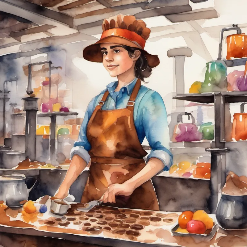 Coco Cacao was an individual with Autism Spectrum Disorder (ASD), wearing a brown apron and a thoughtful expression. and Ale had ADHD with a vibrant personality, wearing a colorful hat with gears and always in motion. working in the chocolate factory